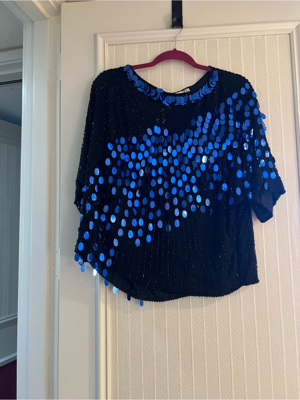 Oleg Cassini Black Short Sleeve Top with Blue Sequin Discs